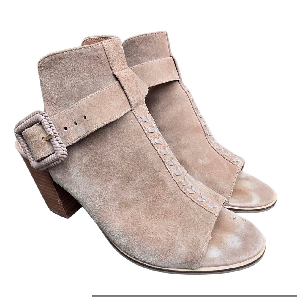Jack Rogers Suede Bootie Izzie Size 10 Open Toe Ankle Boot Tan Leather Buckle